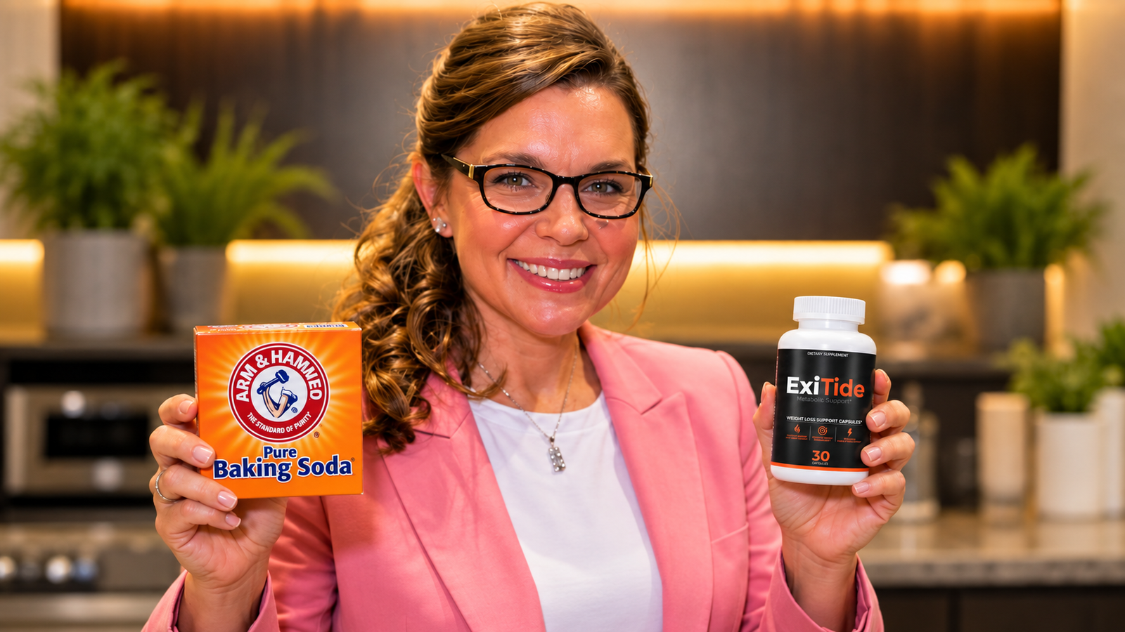 Woman holding baking soda and an ExiTide bottle